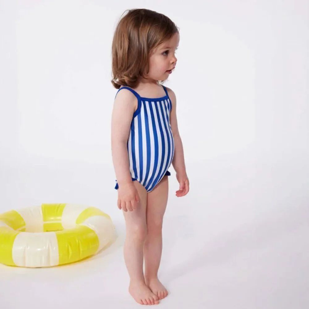 NEW! Petit Bateau Surf Blue White Stripe Ruffle Swimsuit Size 6M